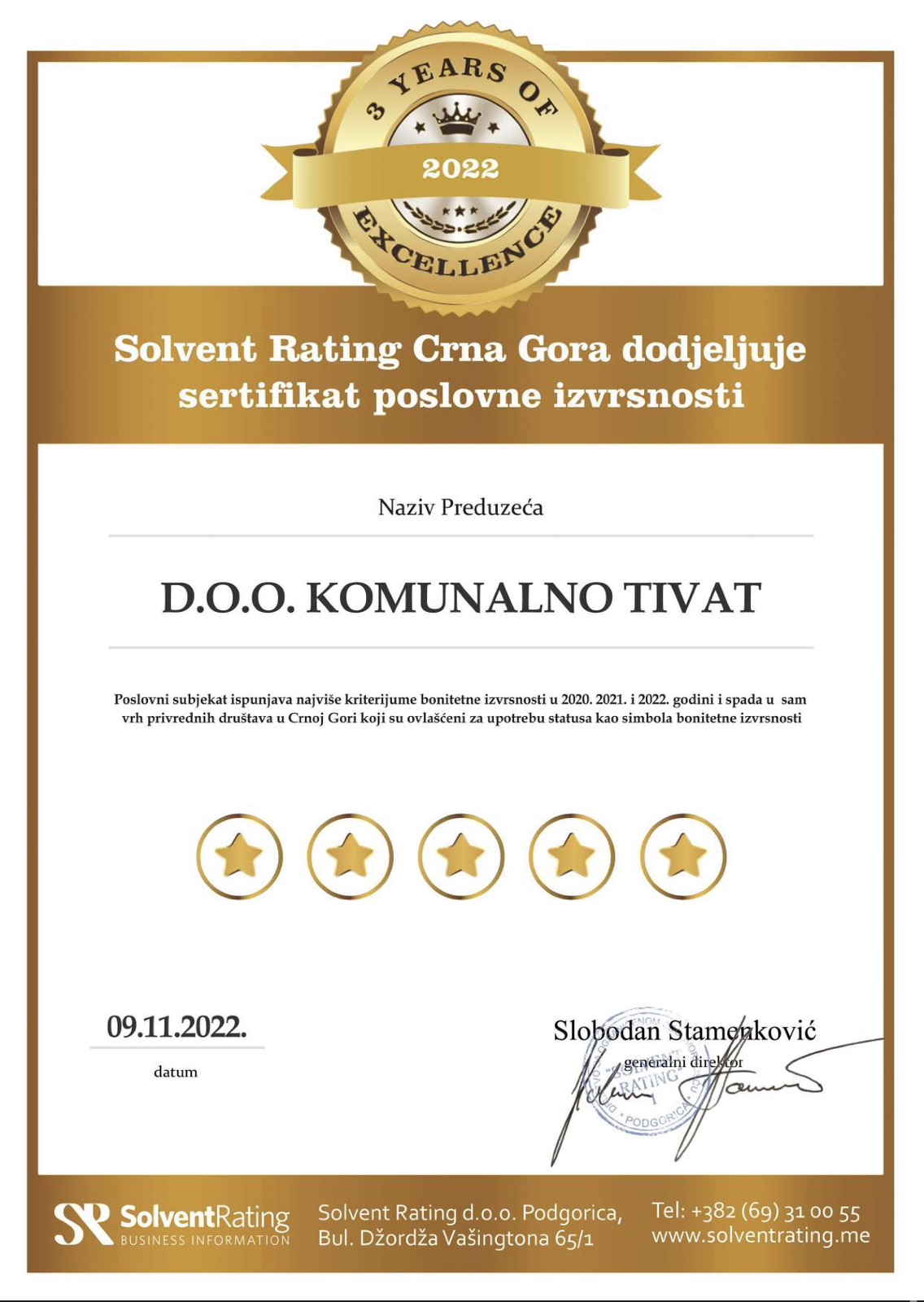 URUČEN ZLATNI SERTIFIKAT POSLOVNE IZVRSNOSTI