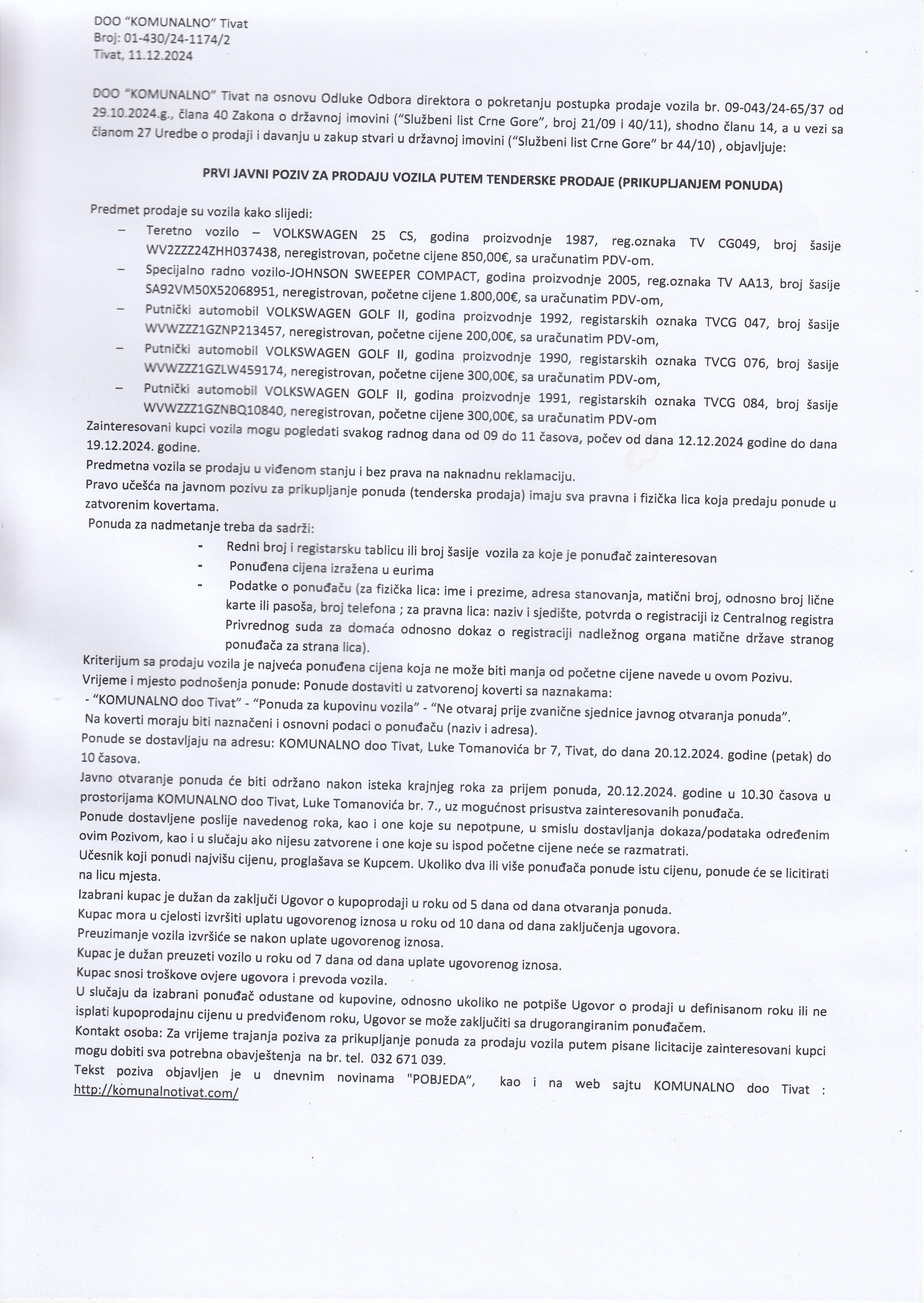 JAVNI POZIV ZA PRODAJU VOZILA PUTEM TENDERSKE PRODAJE (PRIKUPLJANJEM PONUDA)