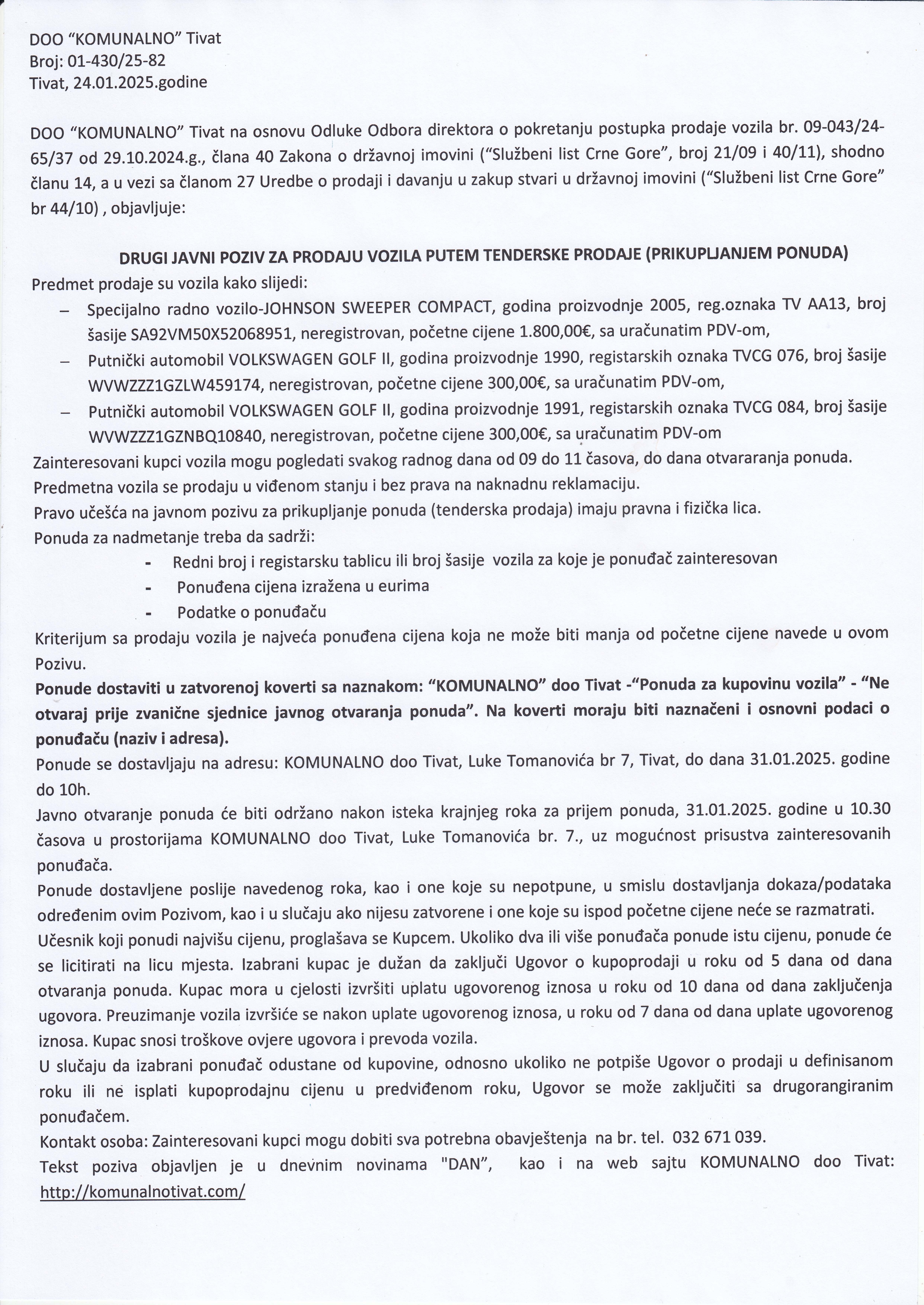 DRUGI JAVNI POZIV ZA PRODAJU VOZILA PUTEM TENDERSKE PRODAJE (PRIKUPLJANJEM PONUDA)